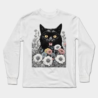 retro black cat flowers Long Sleeve T-Shirt